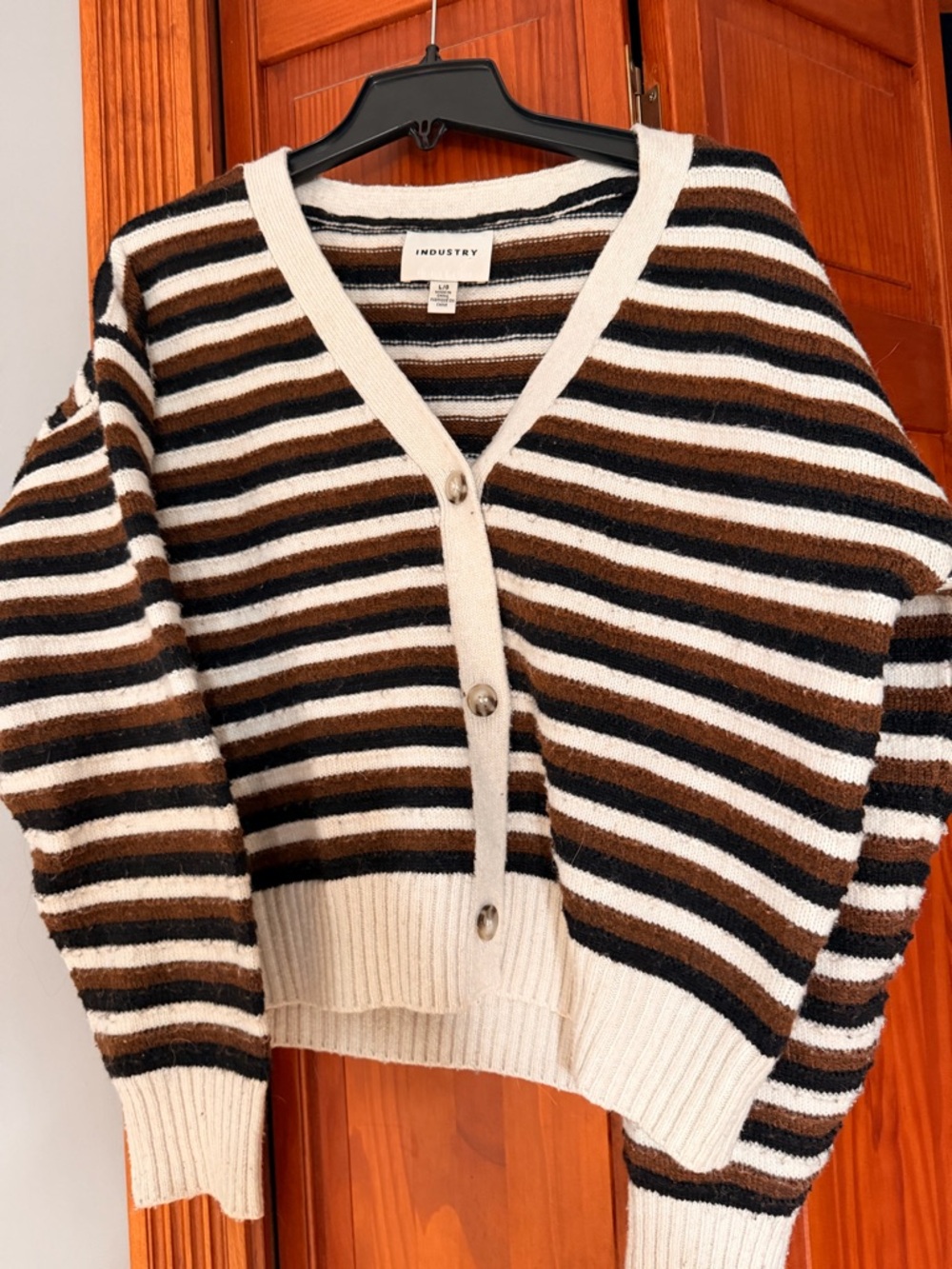 INDUSTRY Striped V-Neck Button Cardigan in Cream, Brown & Black
